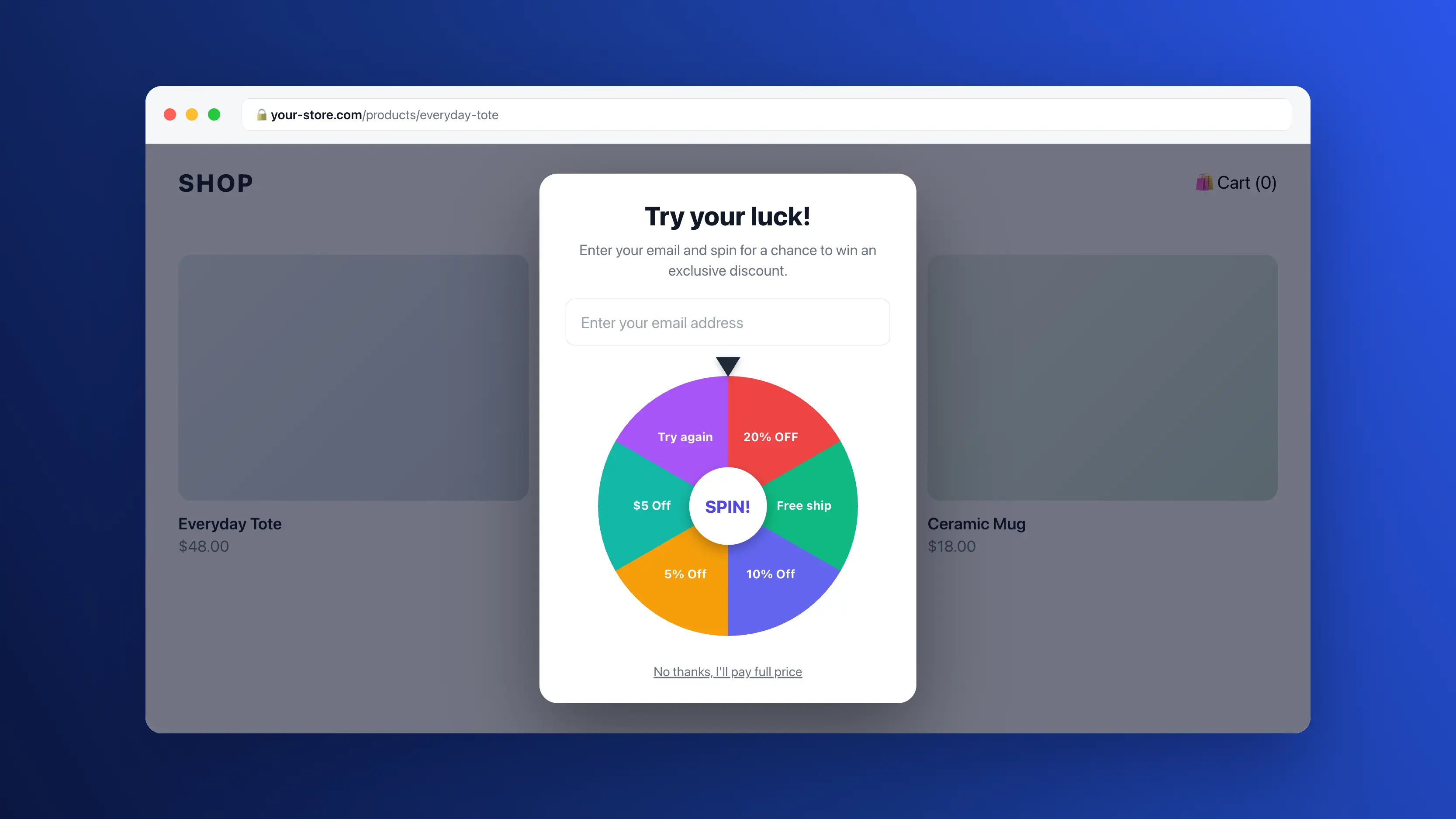Poppy spin-to-win email popup live on a Shopify storefront